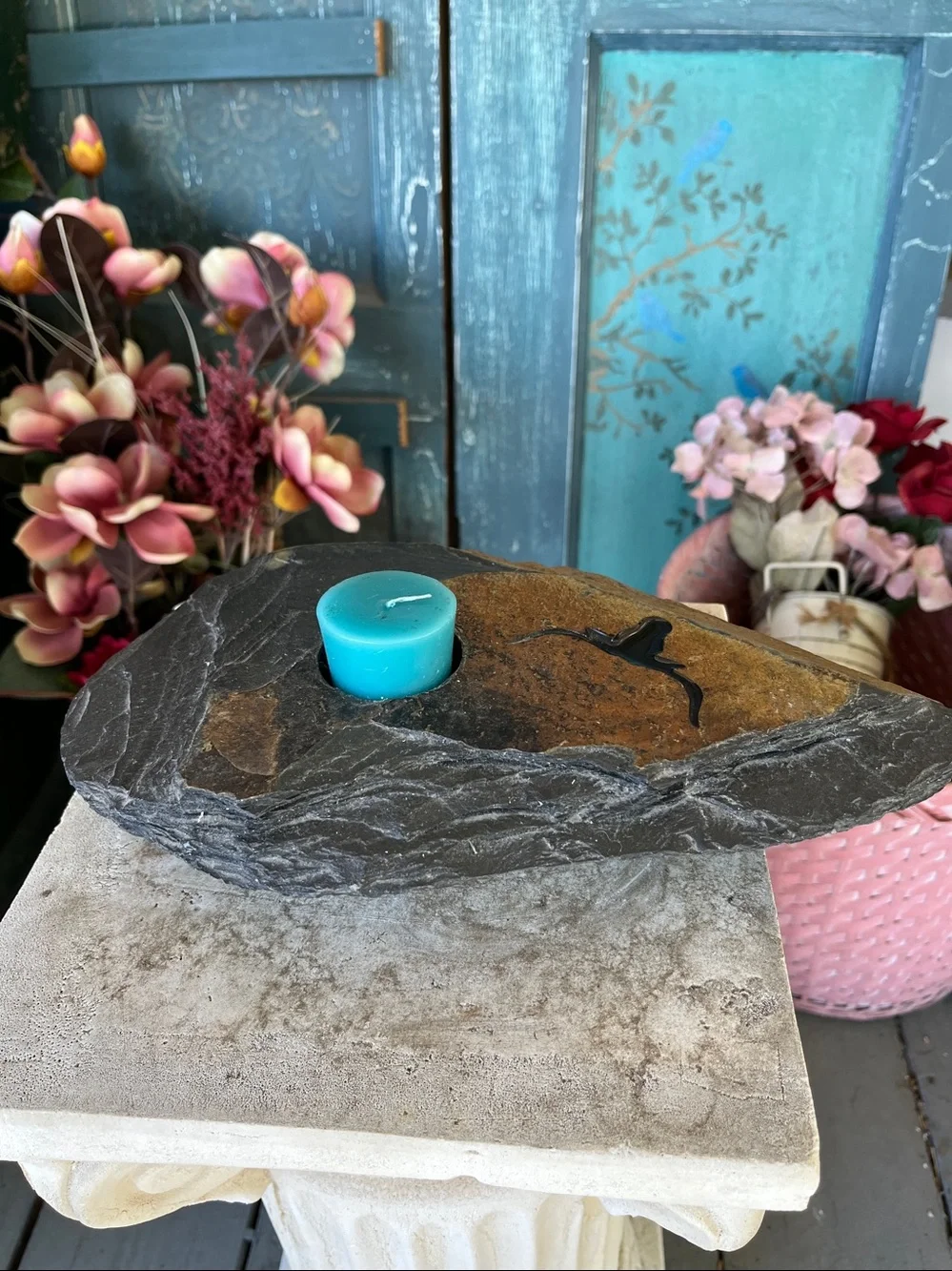 Rustic natural slate stone tealight candle holder